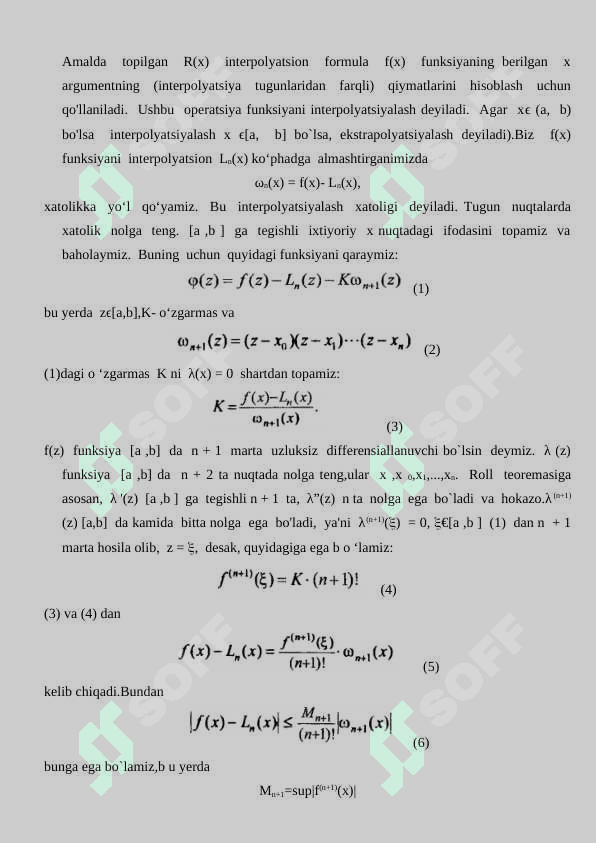 Interpoiyatsiya masala yechimining yagonaligi. Logranj va nyuton interpolyatsiya formulalari va ularning xatoligi. Chekli ayirmalar va ularning xatoligi 3