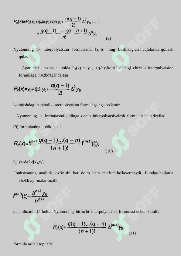 Interpoiyatsiya masala yechimining yagonaligi. Logranj va nyuton interpolyatsiya formulalari va ularning xatoligi. Chekli ayirmalar va ularning xatoligi 6