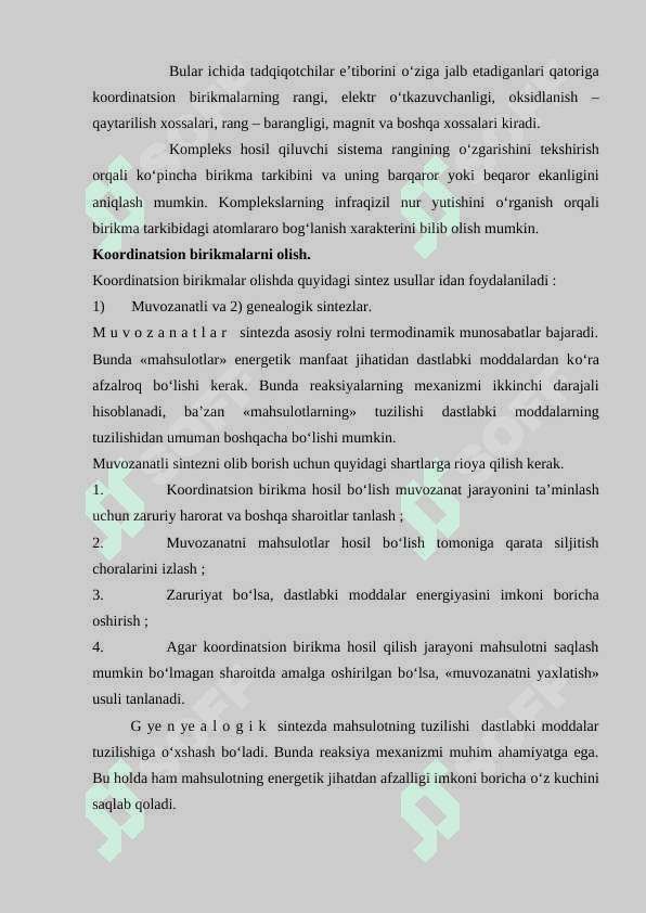 Mavzu:” Kompleks birikmalar tuzilishi, verner nazariyasi, kompleks birikmalarda izomeriya magnetik xodisalar ” 5