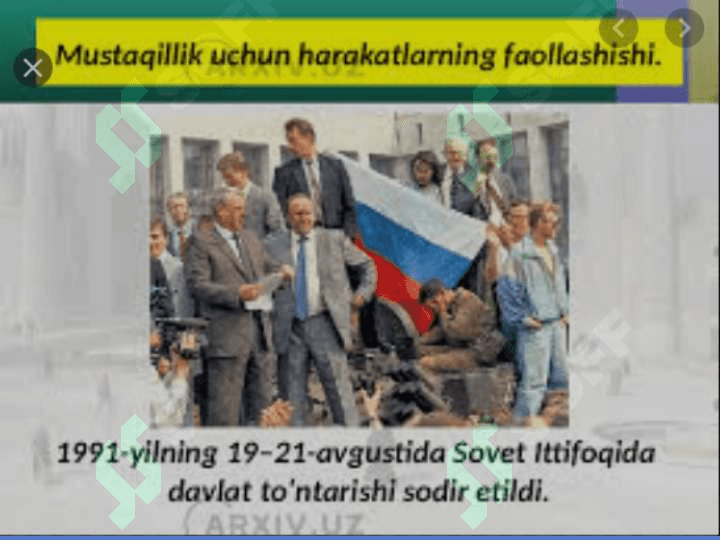 O’zbekistonda davlat mustaqilligining qo’lga kiritilishi. Huquqiy demokratik davlat qurish va fuqarolik jamiyat asoslarini shakllantirish 3