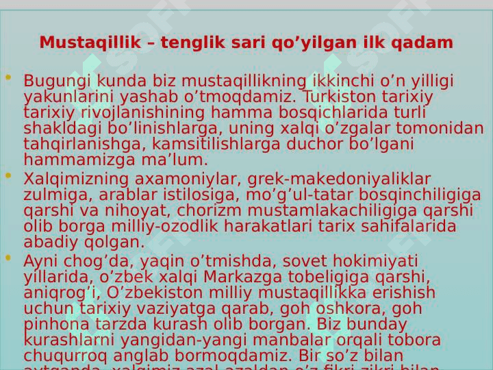 O’zbekistonda davlat mustaqilligining qo’lga kiritilishi. Huquqiy demokratik davlat qurish va fuqarolik jamiyat asoslarini shakllantirish 4