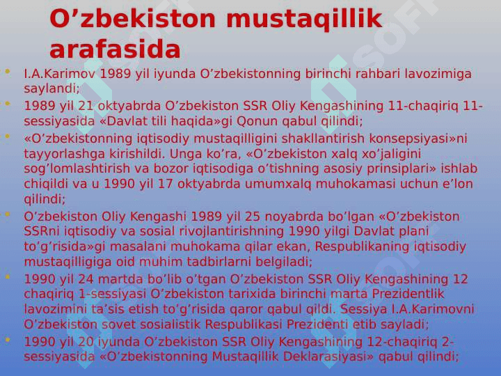 O’zbekistonda davlat mustaqilligining qo’lga kiritilishi. Huquqiy demokratik davlat qurish va fuqarolik jamiyat asoslarini shakllantirish 5