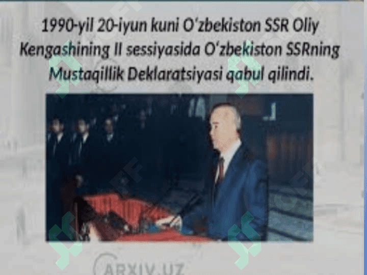 O’zbekistonda davlat mustaqilligining qo’lga kiritilishi. Huquqiy demokratik davlat qurish va fuqarolik jamiyat asoslarini shakllantirish 7