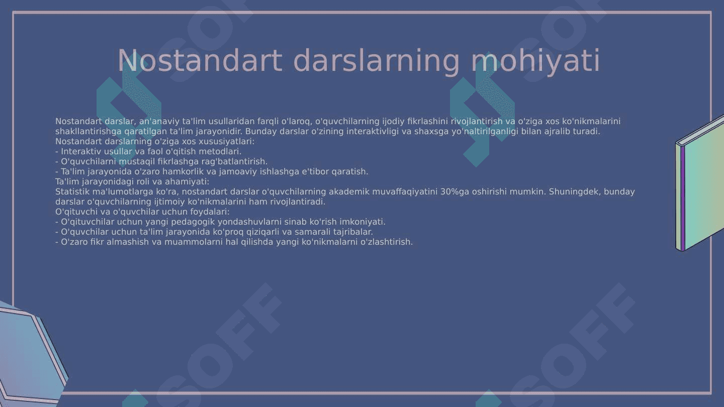 Nostandart darslarning oʻziga xos xususiyatlari. Pedagogik kasbiy kompetentligi yoʻnalishlari va tuzilishi. Pedagogik potfoliosi haqida tushuncha . Xalqaro baholash dasturlari 3