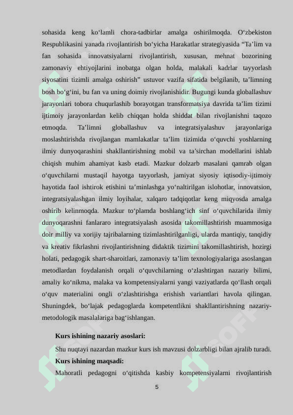MAHORATLI PEDAGOGNI O‘QITISHDA KASBIY KOMPETENSIYALARNI RIVOJLANTIRISH 5