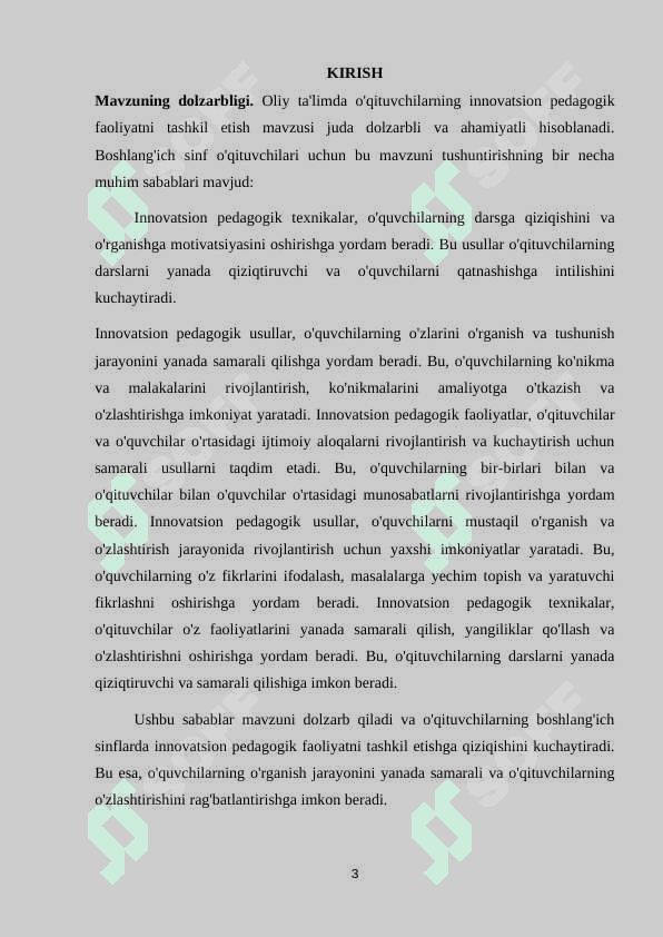 OLIY TA'LIMDA O'QITUVCHILARNING INNOVATSION PEDAGOGIK FAOLIYATNI TASHKIL ETISH (BOSHLANGʻICH SINF OʻQITUVCHILARI FAOLIYATI MISOLIDA ) 3