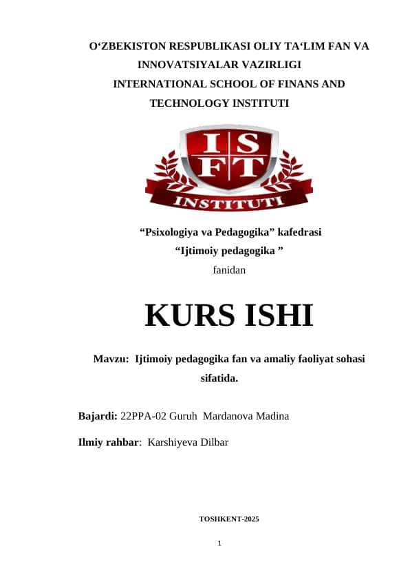 Ijtimoiy pedagogika fan va amaliy faoliyat sohasi sifatida.