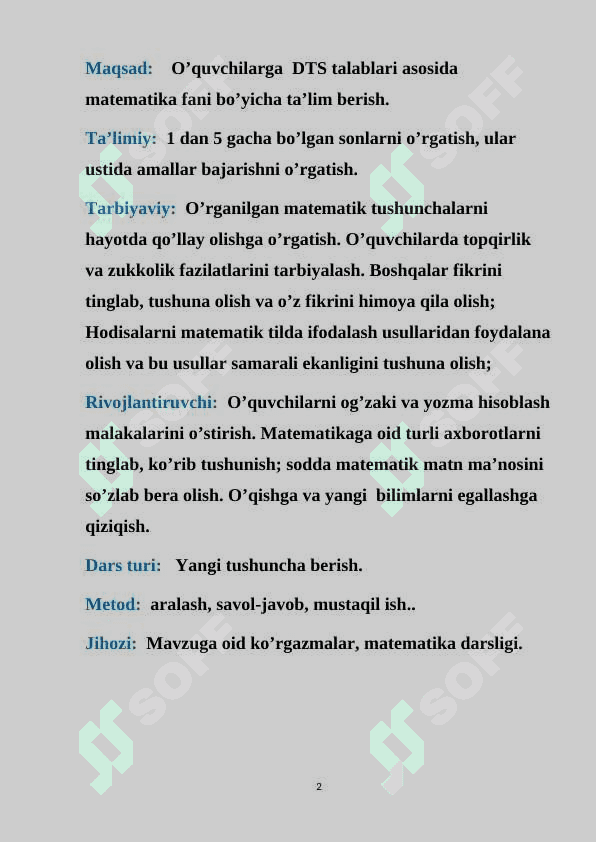 1 dan 5 songacha bo’lgan sonlar bilan amallar bajarish 2