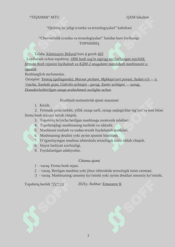 1800 bosh sog’n sigirga mo’ljallangan sutchilik fermasi bosh rejasini loyhalash va kdm - 2 masinasini  o’rganish 2