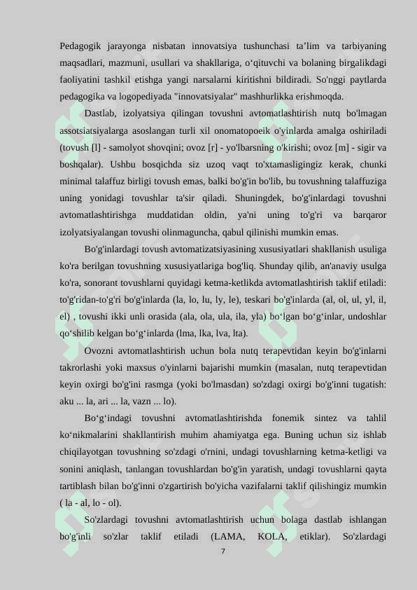 LOGOPEDNING SONORAL OVOZLARNI AVTOMATLASHTIRISH BOSQISHDAGI ishi. 7