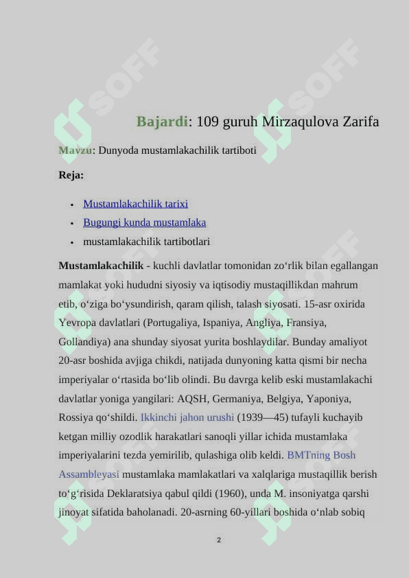 Dunyoda mustamlakachilik tartiboti 2