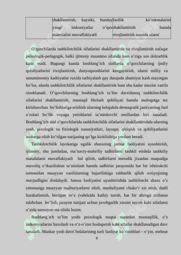 TASHKILOTCHI VA OʻQUVCHILARNING OʻZ-OʻZINI BOSHQARISH ISHLARINING METODIKASI 8