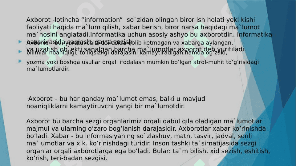 AXBOROT, UNING TURLARI, XUSUSIYATLARI VA O`LCHOV BIRLIKLARI 2