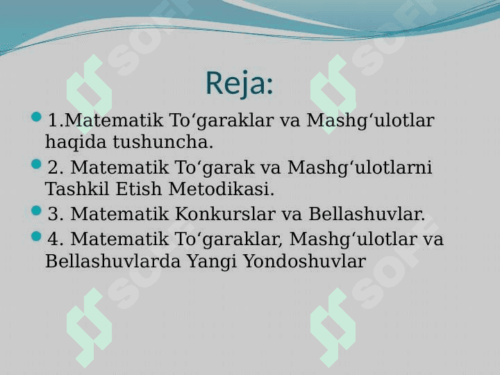 Matematikadan to‘garak, mashg‘ulotlarni tayyorlash va o‘tkazish metodikasi. Matematikadan konkurs, bellashuvlar va mashg‘ulotlarni tayyorlash va o‘tkazish metodikasi 3