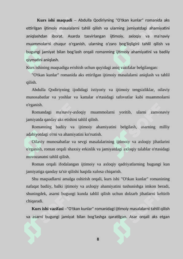 Oʻtkan kunlar romanida ijtimoiy masalalar 8