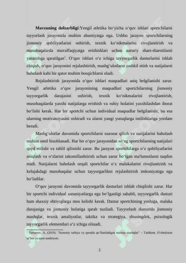 YENGIL ATLETIKA BO‘YICHA O‘QUV ISHLARINI TASHKIL QILISH, REJALASHTIRISH 2
