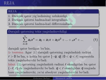 Koshi-Adamar formulasi, darajali qatorlarning funksional xossalari. 2