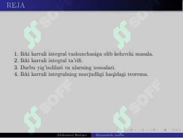 Ikki karrali integral. Darbu yig'indilari va ularning xossalari. Karrali integrallarning mavjudligi. Integrallanuvchi funksiyalar sin. 2