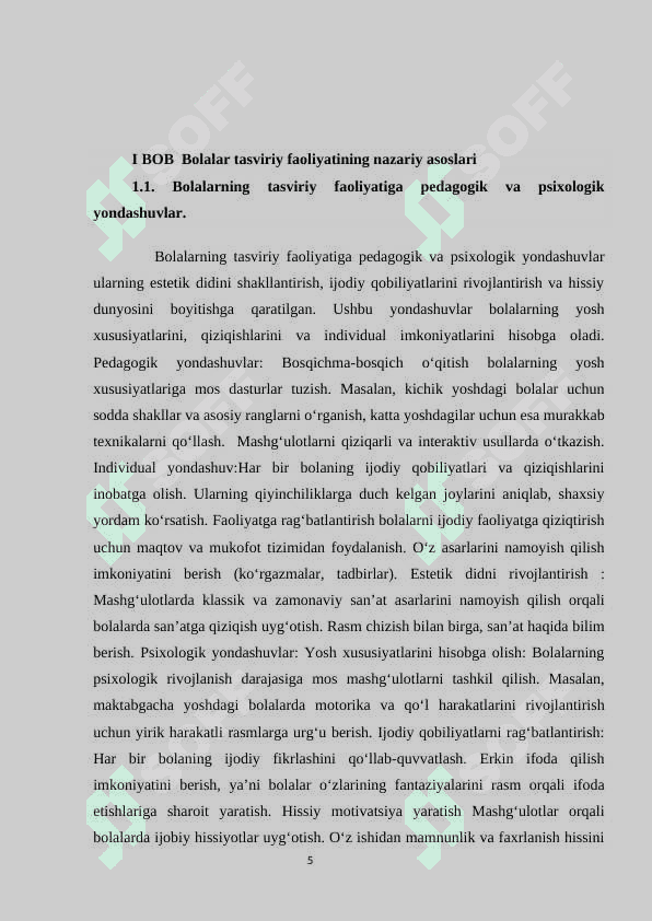 BOLALARNING TASVIRIY FAOLIYATLARNING RIVOJLANTIRISH                    VAZIFALARI 5