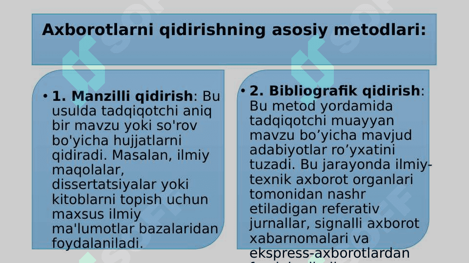 Ilmiy tadqiqotlarda axborot va axborot xavfsizligi. Axborotlarni qidirishning asosiy metodlari 3