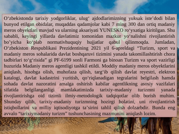 O‘ZBEKISTONDA TARIXIY-MADANIY TURIZMNIRIVOJLANTIRISHNING IJTIMOIY- IQTISODIY JIHATLARI 3