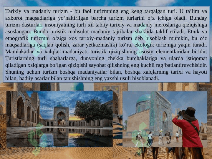 O‘ZBEKISTONDA TARIXIY-MADANIY TURIZMNIRIVOJLANTIRISHNING IJTIMOIY- IQTISODIY JIHATLARI 4