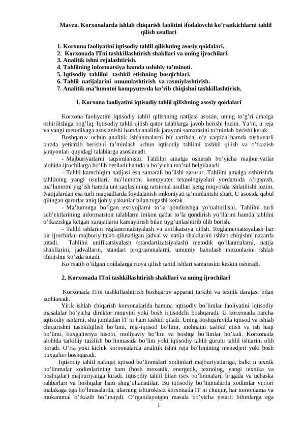 Korxonalarda ishlab chiqarish faolitini ifodalovchi ko’rsatkichlarni tahlil qilish usullari