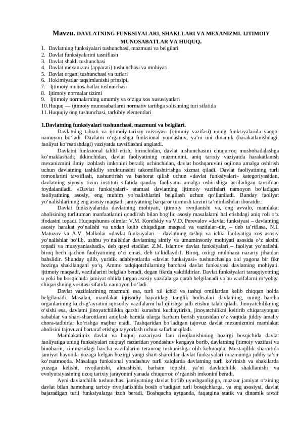 DAVLATNING FUNKSIYALARI, SHAKLLARI VA MEXANIZMI. IJTIMOIY MUNOSABATLAR VA HUQUQ.