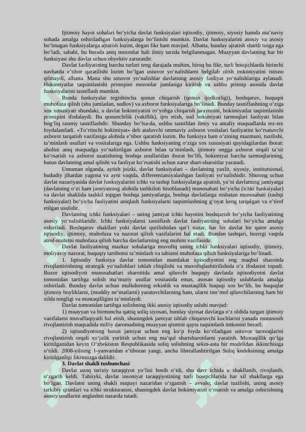 DAVLATNING FUNKSIYALARI, SHAKLLARI VA MEXANIZMI. IJTIMOIY MUNOSABATLAR VA HUQUQ. 3