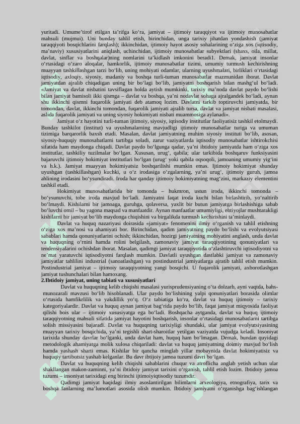 DAVLAT VA HUQUQNING KELIB CHIQISHI. DAVLAT TUSHUNCHASI, BELGILARI, MOHIYATI VA TIPLARI 2