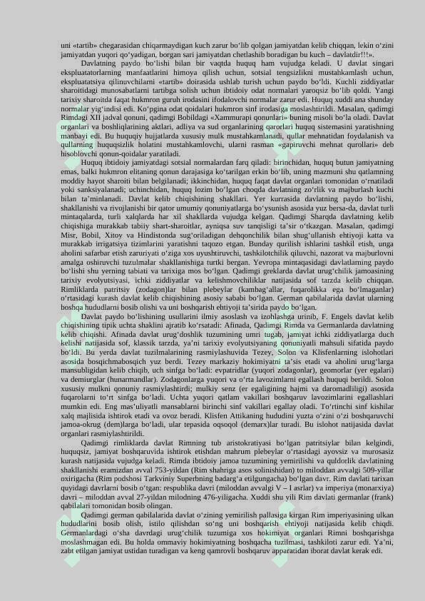 DAVLAT VA HUQUQNING KELIB CHIQISHI. DAVLAT TUSHUNCHASI, BELGILARI, MOHIYATI VA TIPLARI 8