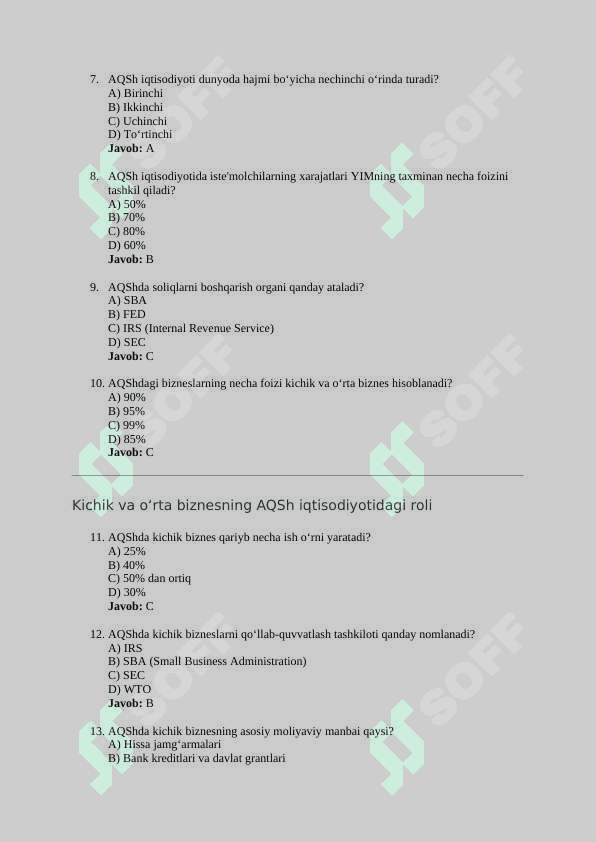 Mavzu: AQSh iqtisodiyoti rivojlanishining asosiy jihatlari va unda kichik va o‘rta biznesning ahamiyati – 30 ta test 2