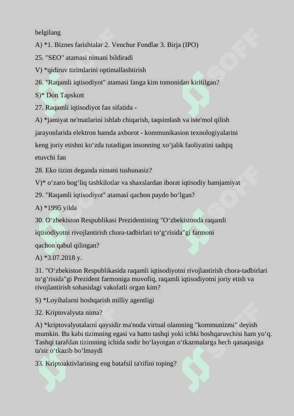 “Raqamli iqtisodiyot” fanidan  test savollari javoblari Test javoblari 3