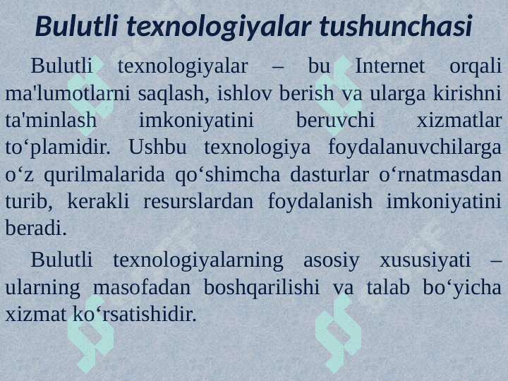 Bulutli texnologiyalar va ular bilan ishlash. Blokcheyn texnologiyasi va undan foydalanish yo‘llari. Elektron biznes va Mobil-tijorat. Axborot  xavfsizligini ta’minlash usullari 5