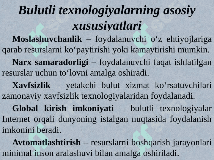 Bulutli texnologiyalar va ular bilan ishlash. Blokcheyn texnologiyasi va undan foydalanish yo‘llari. Elektron biznes va Mobil-tijorat. Axborot  xavfsizligini ta’minlash usullari 6