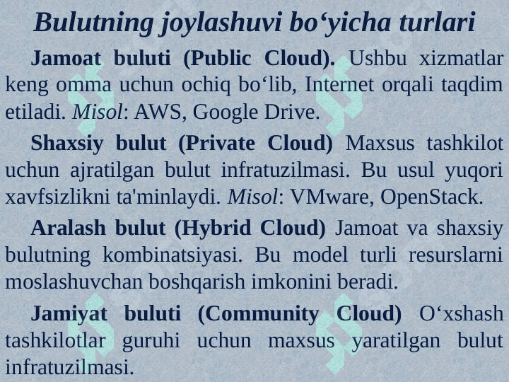 Bulutli texnologiyalar va ular bilan ishlash. Blokcheyn texnologiyasi va undan foydalanish yo‘llari. Elektron biznes va Mobil-tijorat. Axborot  xavfsizligini ta’minlash usullari 8