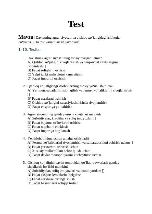 Mavzu: Davlatning agrar siyosati va qishloq xo‘jaligidagi islohotlar bo‘yicha 30 ta test variantlari va javoblari: