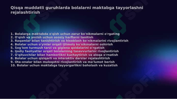 Qisqa muddatli guruhlarda bolalarni maktabga tayyorlashni rejalashtirish 2