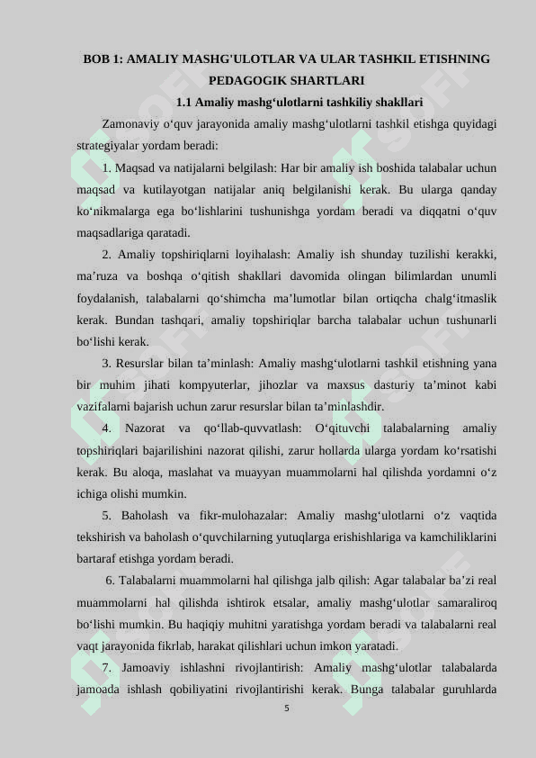 Amaliy mashg'ulotlar va ularni tashkil etishning pedagogik shart sharoitlar 5