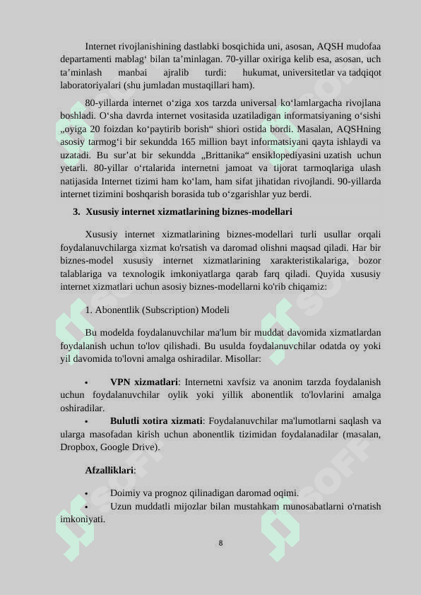 Mavzu: Mususiy internet xizmatlarini shakillantrishning o’ziga hos xususiyatlari 8