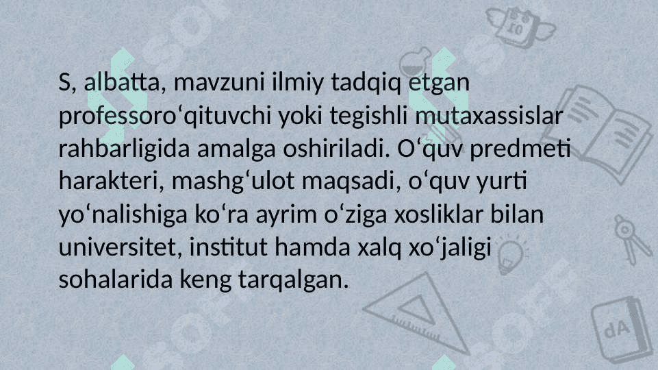 Fan yuzasidan berilgan amaliy va seminar mashgʻulotlarga tayyorgarlik kõrish va uy vazifalarini bajarish 3