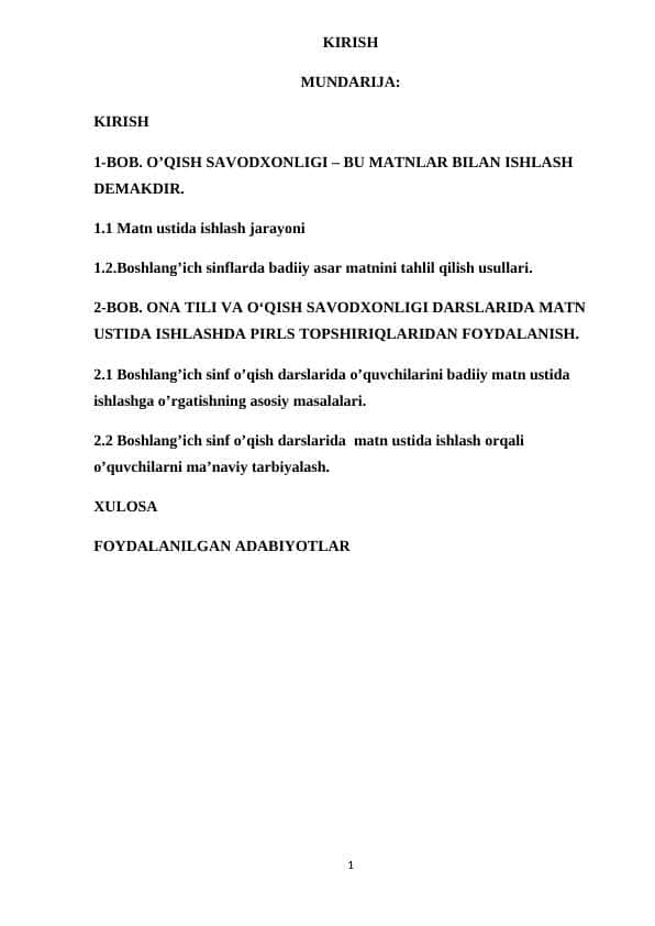 1 sinf ona tili va o’qish savodxonligi darslarida matn ustida shlash