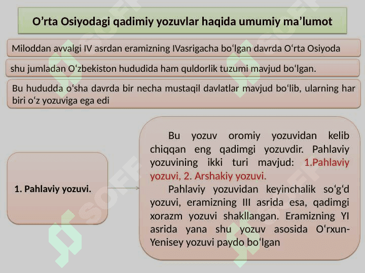 O‘rta Osiyodagi qadimgi yozuvlar. Markaziy Osiyoda arab grafikasining tarqalishi. Sharq qo‘lyozmalarining paleografik xususiyatlari. Yozuv quroli va materiallari. O‘zbek yozuvidagi o‘tkazilgan islohotlar. 4