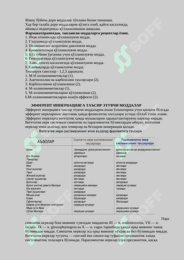 O'quv uslubiy qo'llanma Efferent innervatsiyaga ta'sir qiluvchi vositalar 4