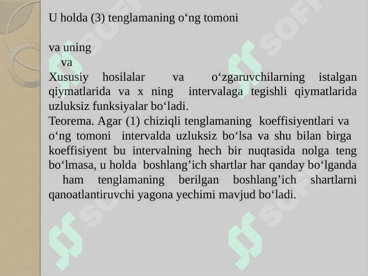 CHIZIQLI BIR JINSLI DIFFERENSIAL TENGLAMALAR. O`ZGARMAS KOEFFITSENTLI IKKINCHI TARTBLI BIR JINSLI DIFFERENSIAL TENGLAMALAR. O`ZGARMAS KOEFFITSENTLI YUQORI TARTIBLI BIR JINSLI TENGLAMALAR 6