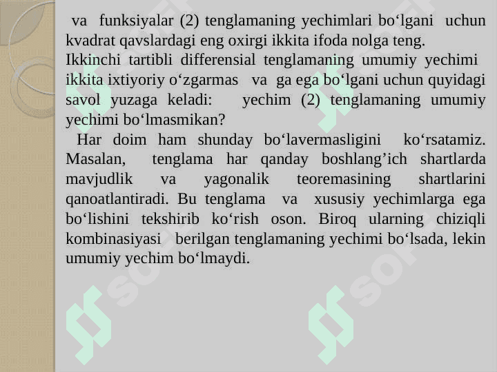 CHIZIQLI BIR JINSLI DIFFERENSIAL TENGLAMALAR. O`ZGARMAS KOEFFITSENTLI IKKINCHI TARTBLI BIR JINSLI DIFFERENSIAL TENGLAMALAR. O`ZGARMAS KOEFFITSENTLI YUQORI TARTIBLI BIR JINSLI TENGLAMALAR 8