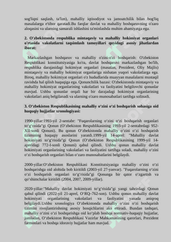 O’zbyekistonning respublika, mintaqa va  mahalliy boshqaruv  organlari o’rtasidagi vakolatlarni taqsimlash mexanizmi 2