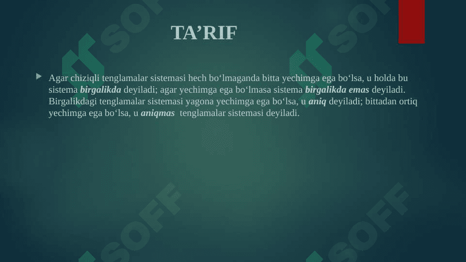 Chiziqli tеnglamalar sistеmasi va uni yеchish uslullari 4