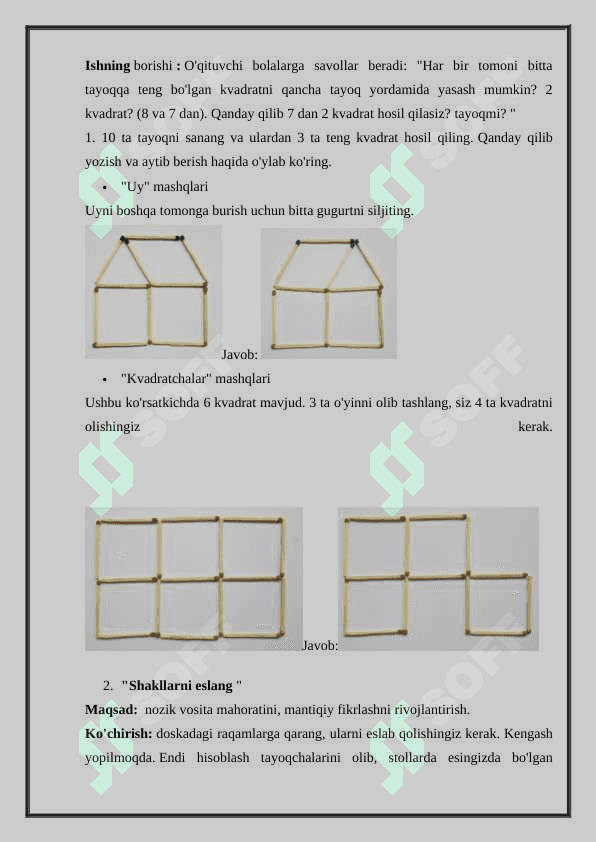 Tayoqchalardan shakllar hosil qilish geometrik shakllar rasmini chizish didakrik o'yinlardan foydalanish 3