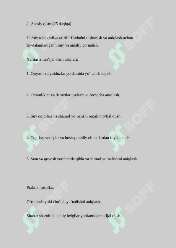 Harbiy topografiya. Joyda xaritasiz mo‘ljal (oriyentir) olish ( Dars ishlanmasi ) 2